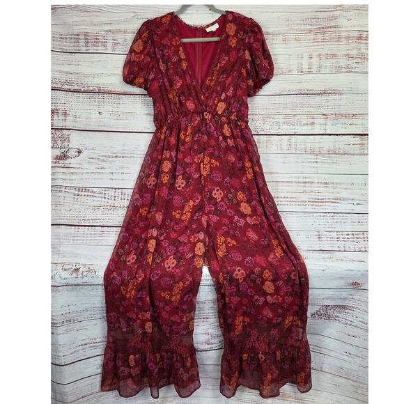 Ruby Floral Maxi Ruffle Wide Leg Jumpsuit XL Sheer Lace Boho Fairy Ethereal Vaca